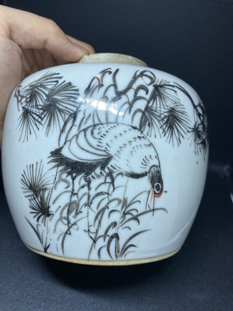 古玩陶瓷民國(guó)墨彩松鶴紋詩(shī)文罐拍賣(mài)，當(dāng)前價(jià)格400元