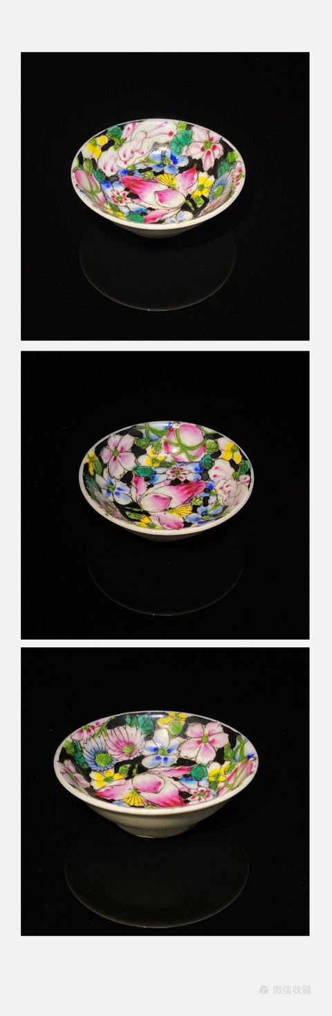 古玩陶瓷墨地粉彩花卉紋盤真品鑒賞圖