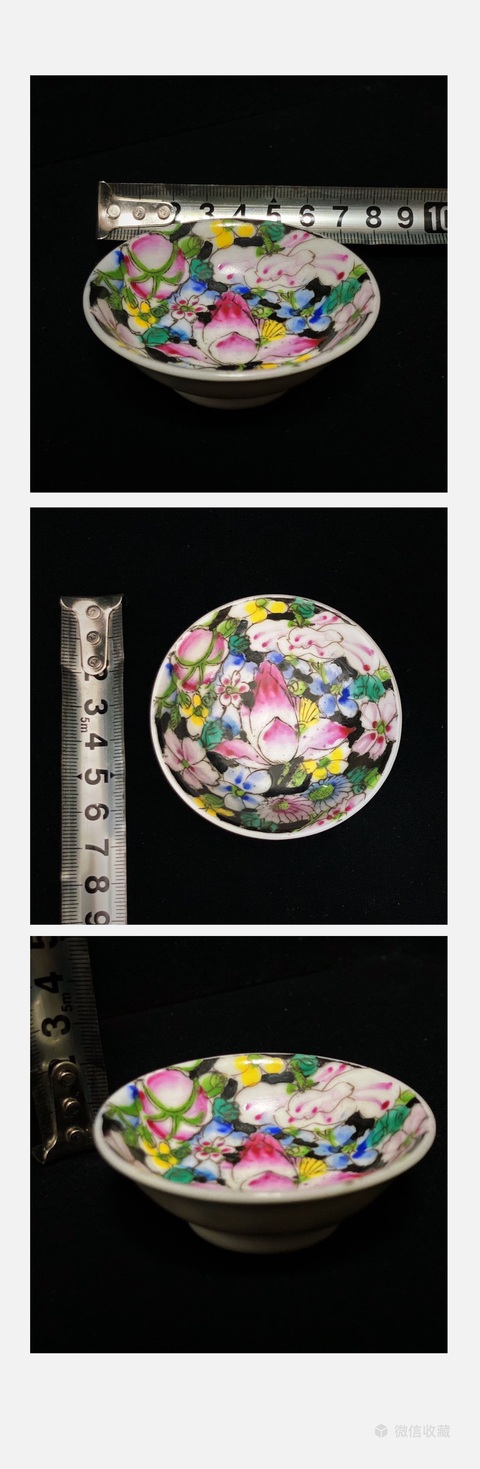 古玩陶瓷墨地粉彩花卉紋盤真品鑒賞圖