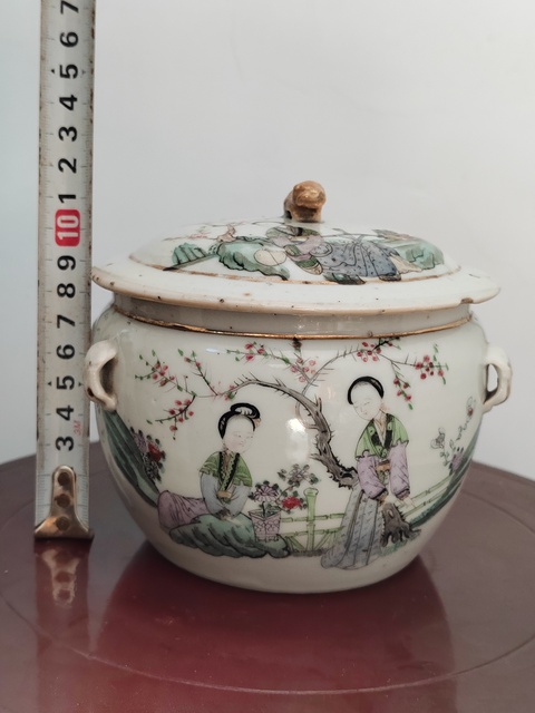 古玩陶瓷粉彩仕女人物粥罐真品鑒賞圖