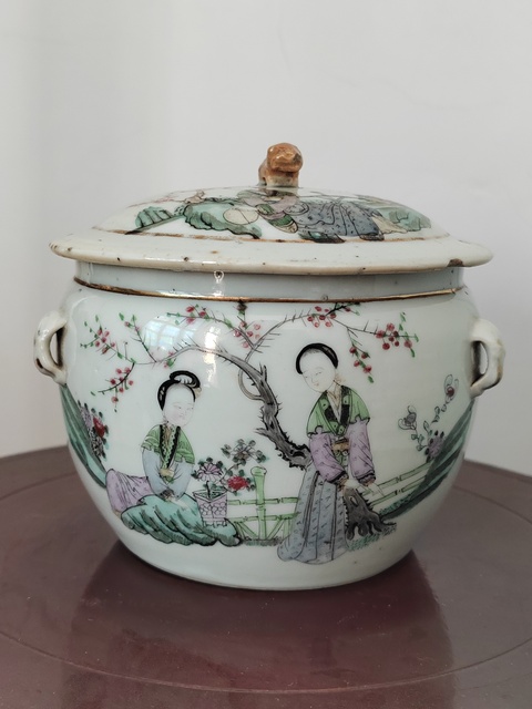 古玩陶瓷粉彩仕女人物粥罐真品鑒賞圖