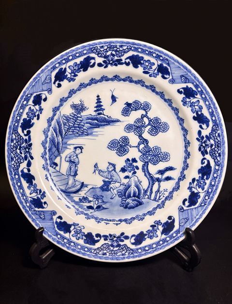 古玩陶瓷清康熙  青花漁家樂山水樓閣風景紋盤拍賣，當前價格2500元