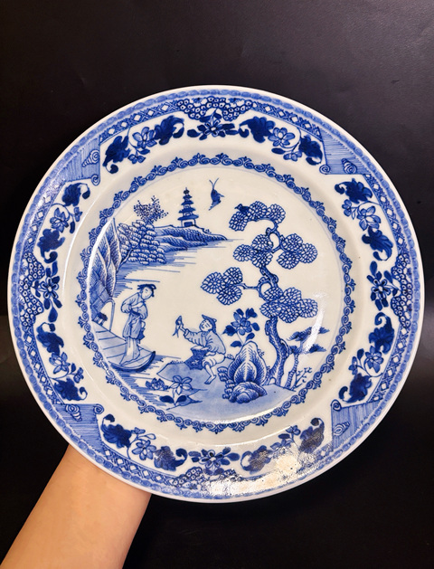 古玩陶瓷清康熙  青花漁家樂山水樓閣風景紋盤拍賣，當前價格2500元