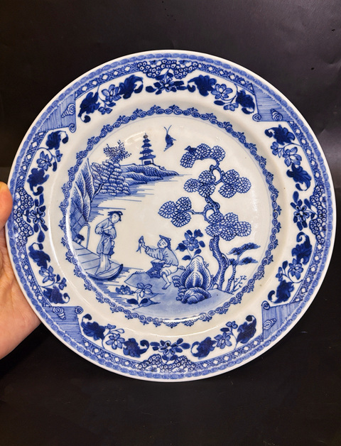 古玩陶瓷清康熙  青花漁家樂山水樓閣風景紋盤拍賣，當前價格2500元