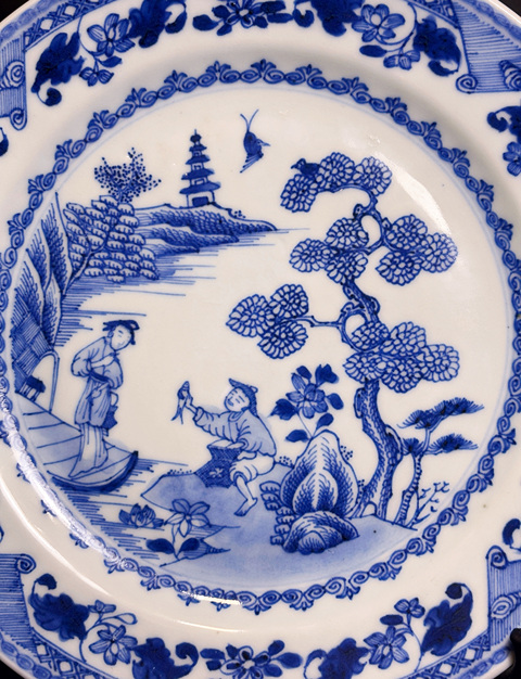 古玩陶瓷清康熙  青花漁家樂山水樓閣風景紋盤拍賣，當前價格2500元