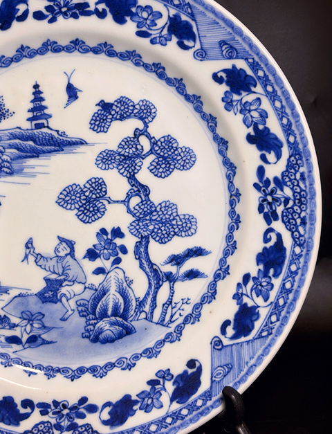 古玩陶瓷清康熙  青花漁家樂山水樓閣風景紋盤拍賣，當前價格2500元