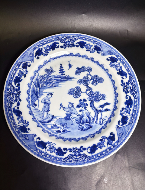 古玩陶瓷清康熙  青花漁家樂山水樓閣風景紋盤拍賣，當前價格2500元