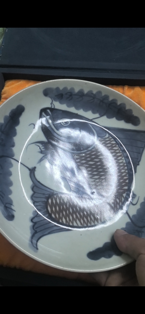 古玩陶瓷青花釉里紅年年有余盤，模糊，偏老真品鑒賞圖