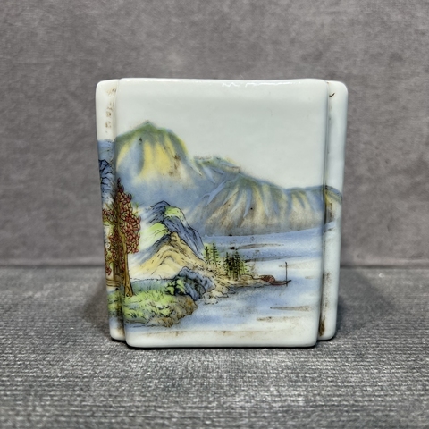 古玩陶瓷粉彩山水人物水盂真品鑒賞圖