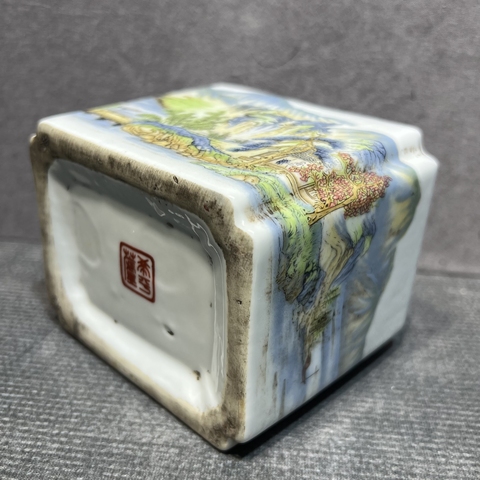 古玩陶瓷粉彩山水人物水盂真品鑒賞圖
