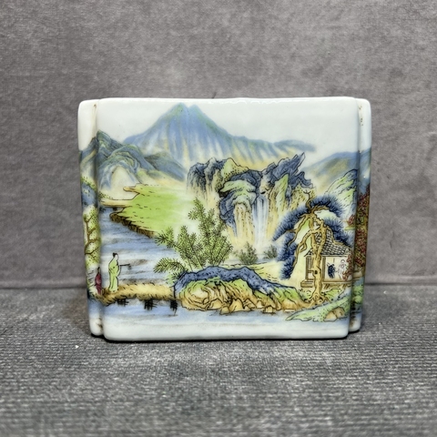 古玩陶瓷粉彩山水人物水盂真品鑒賞圖
