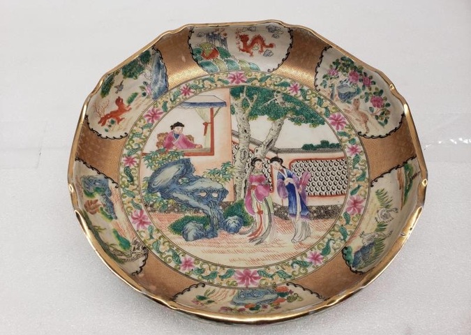 古玩陶瓷西廂記聽琴圖花口廣彩盤真品鑒賞圖