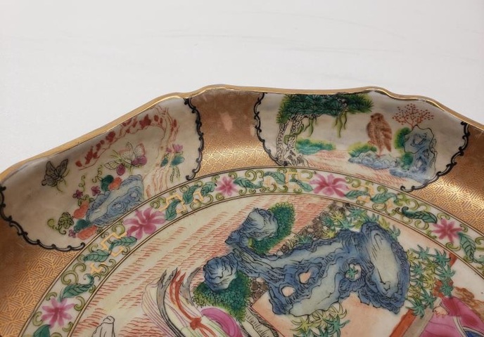 古玩陶瓷西廂記聽琴圖花口廣彩盤真品鑒賞圖