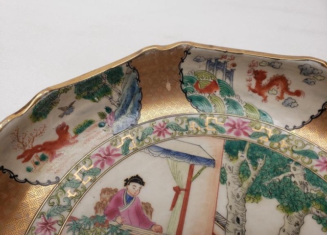 古玩陶瓷西廂記聽琴圖花口廣彩盤真品鑒賞圖