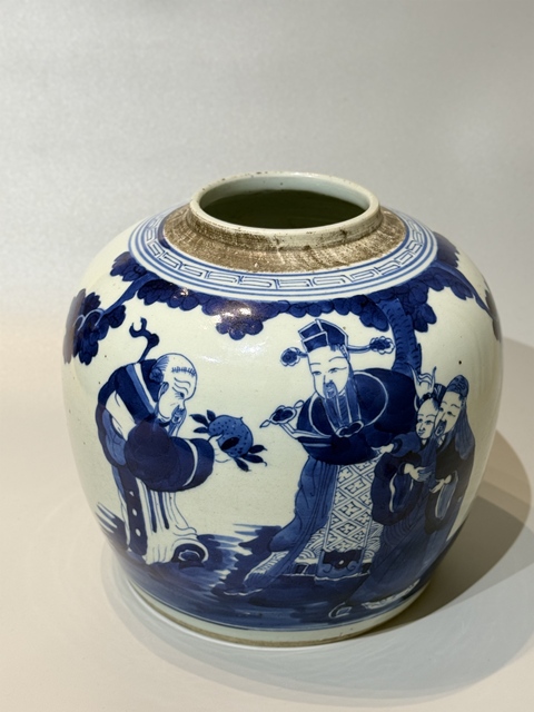 古玩陶瓷青花三星人物蓋罐真品鑒賞圖