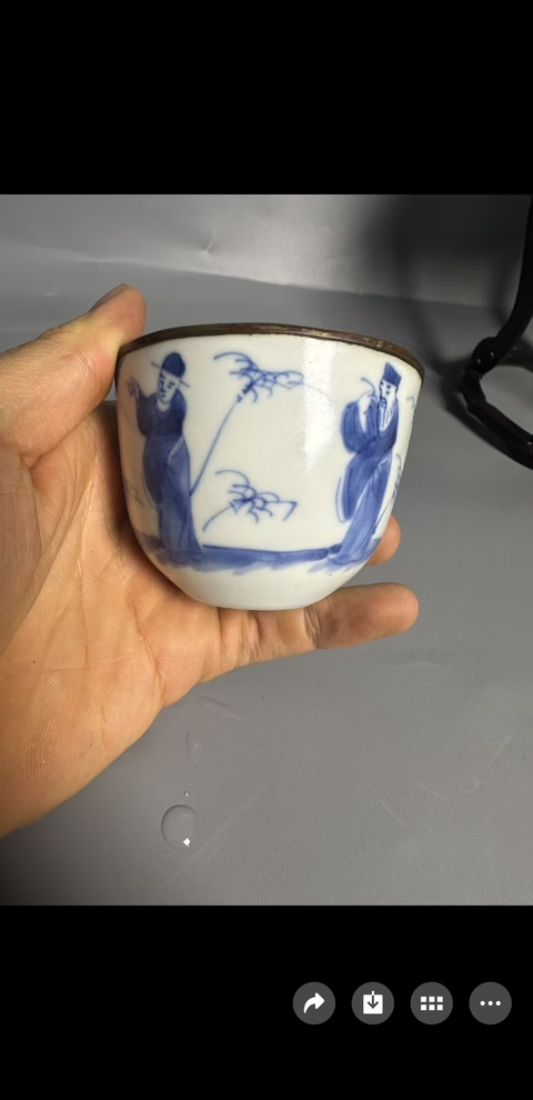 古玩陶瓷青花人物臥足杯真品鑒賞圖