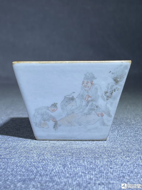 古玩陶瓷內松石綠釉外粉彩人物故事詩文四方斗杯真品鑒賞圖