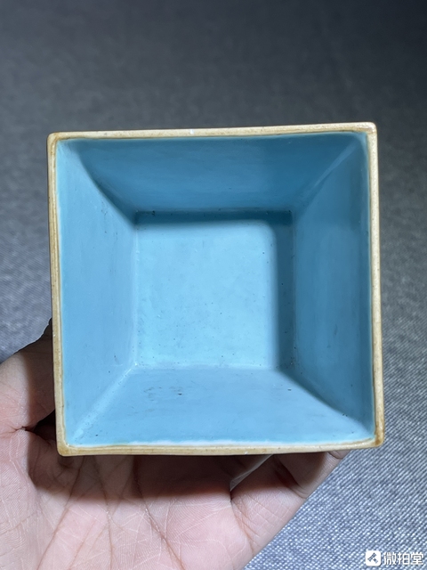 古玩陶瓷內松石綠釉外粉彩人物故事詩文四方斗杯真品鑒賞圖