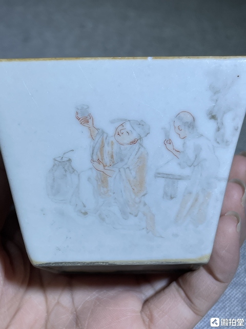 古玩陶瓷內松石綠釉外粉彩人物故事詩文四方斗杯真品鑒賞圖