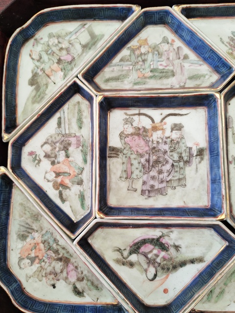 古玩陶瓷人物紋粉彩九攢盤真品鑒賞圖