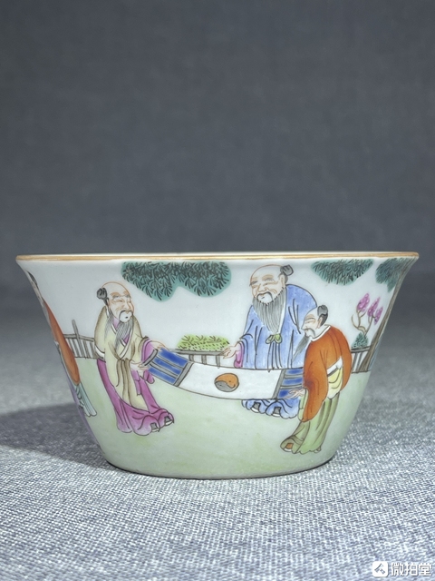 古玩陶瓷粉彩五老觀太極人物故事紋馬蹄杯（后加彩）真品鑒賞圖