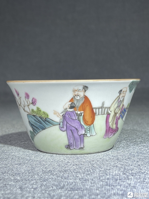 古玩陶瓷粉彩五老觀太極人物故事紋馬蹄杯（后加彩）真品鑒賞圖