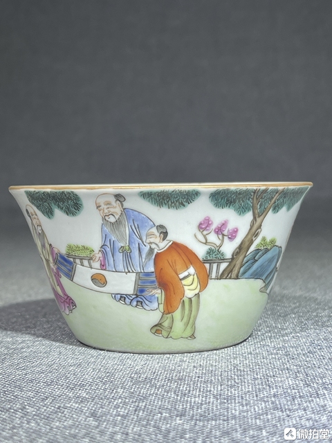 古玩陶瓷粉彩五老觀太極人物故事紋馬蹄杯（后加彩）真品鑒賞圖