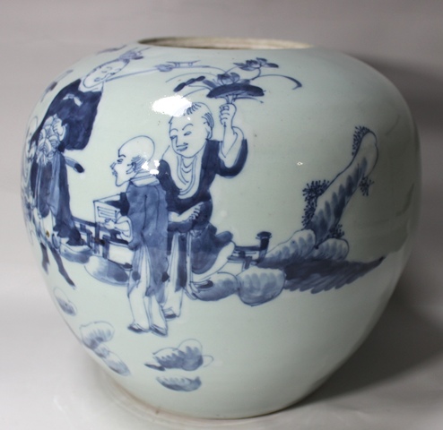 古玩陶瓷人物紋青花西瓜罐真品鑒賞圖