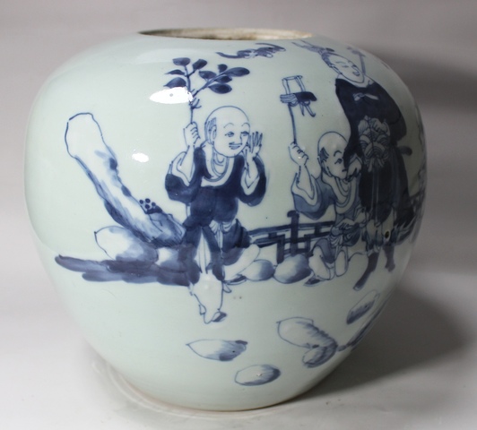 古玩陶瓷人物紋青花西瓜罐真品鑒賞圖