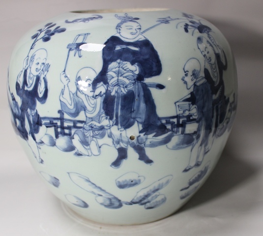 古玩陶瓷人物紋青花西瓜罐真品鑒賞圖