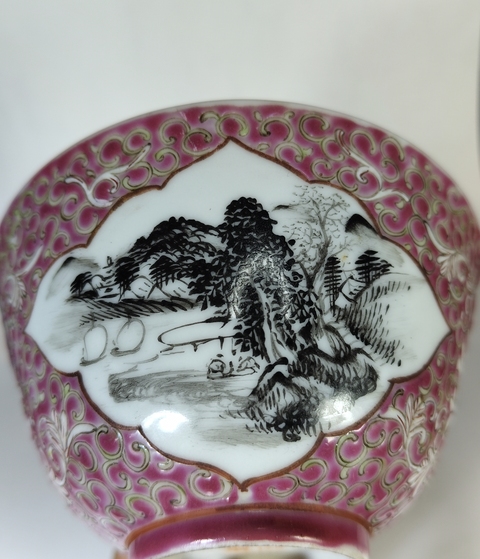 古玩陶瓷民國(guó)-胭脂紅開(kāi)光墨彩山水人物碗拍賣(mài)，當(dāng)前價(jià)格1369元