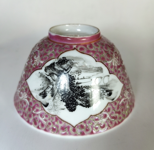 古玩陶瓷民國(guó)-胭脂紅開(kāi)光墨彩山水人物碗拍賣(mài)，當(dāng)前價(jià)格1369元