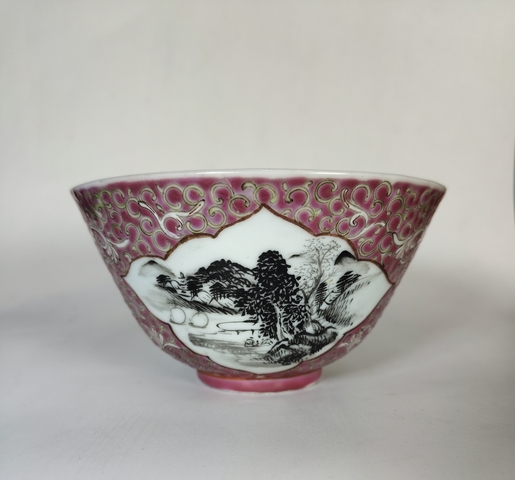 古玩陶瓷民國(guó)-胭脂紅開(kāi)光墨彩山水人物碗拍賣(mài)，當(dāng)前價(jià)格1369元