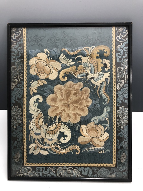 古玩陶瓷清晚·打籽繡牡丹繡片掛屏真品鑒賞圖