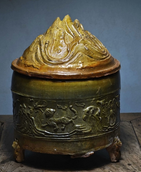 古玩陶瓷紅陶綠釉三足奩真品鑒賞圖