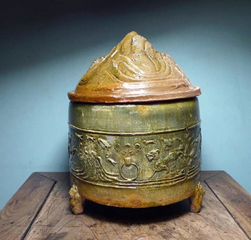 古玩陶瓷紅陶綠釉三足奩真品鑒賞圖