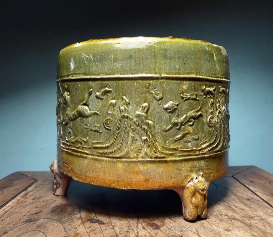 古玩陶瓷紅陶綠釉三足奩真品鑒賞圖