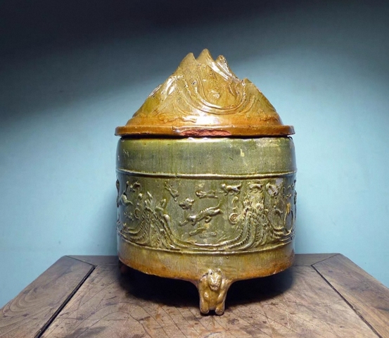 古玩陶瓷紅陶綠釉三足奩真品鑒賞圖