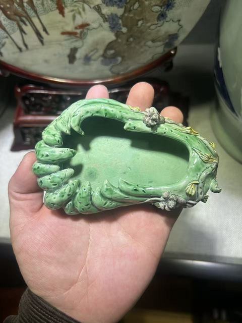 古玩陶瓷福壽素三彩洗真品鑒賞圖