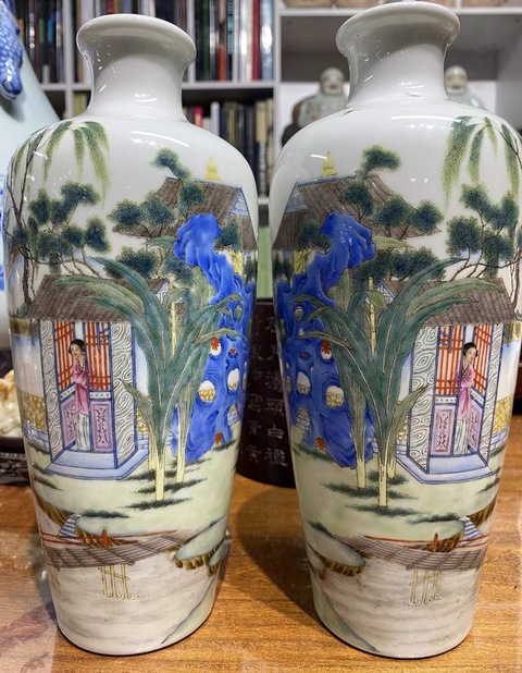 古玩陶瓷琺瑯彩人物故事詩文瓶一對真品鑒賞圖