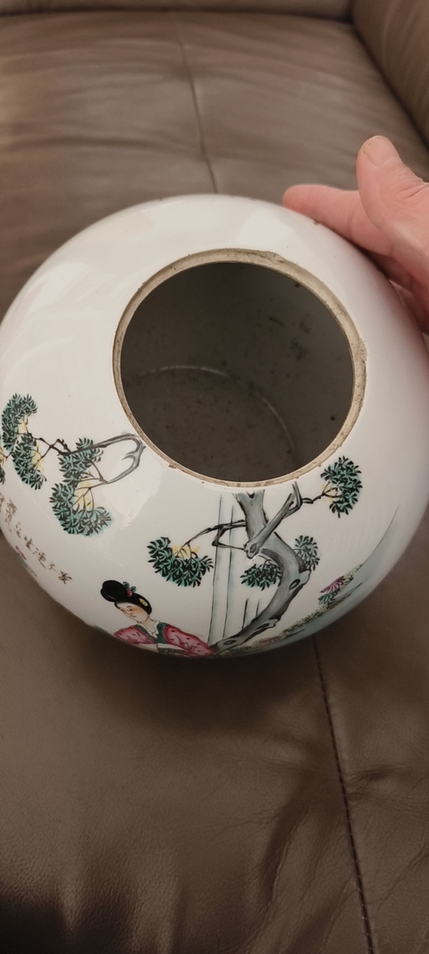 古玩陶瓷三娘教子圖西瓜罐真品鑒賞圖