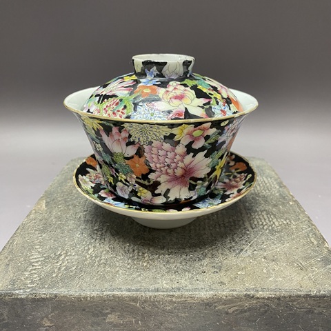 古玩陶瓷晚清民國·百花不落地粉彩三才蓋杯拍賣，當前價格1860元