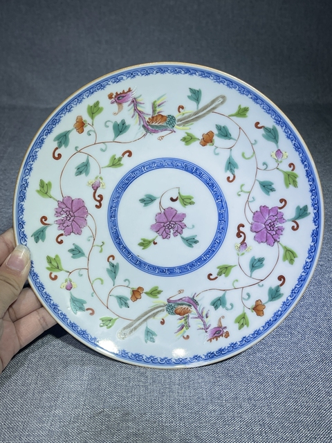 古玩陶瓷青花粉彩鳳凰牡丹紋盤真品鑒賞圖