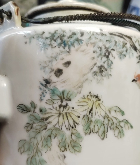 古玩陶瓷淺絳彩花鳥詩文茶壺真品鑒賞圖