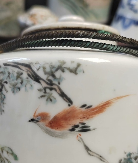 古玩陶瓷淺絳彩花鳥詩文茶壺真品鑒賞圖