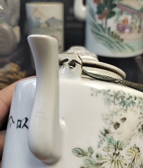 古玩陶瓷淺絳彩花鳥詩文茶壺真品鑒賞圖