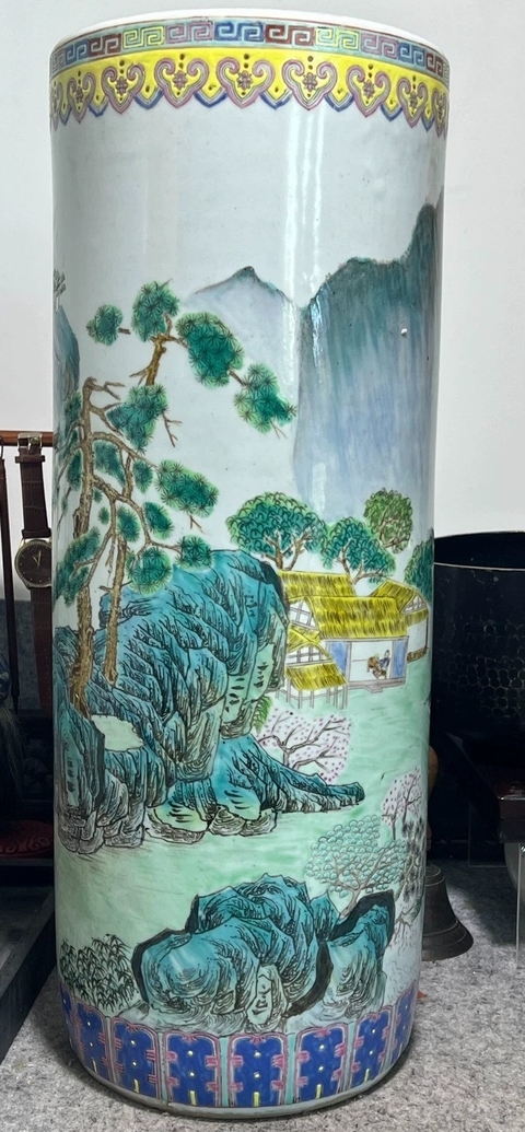 古玩陶瓷粉彩風景紋帽筒真品鑒賞圖