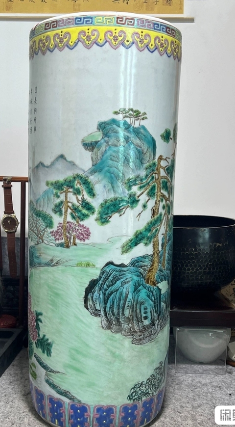 古玩陶瓷粉彩風景紋帽筒真品鑒賞圖