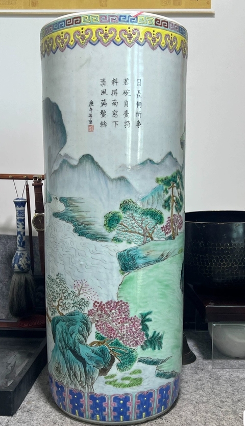 古玩陶瓷粉彩風景紋帽筒真品鑒賞圖