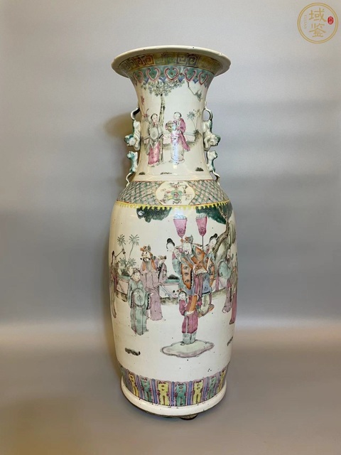 古玩陶瓷（保真卡）粉彩群仙祝壽圖獅耳瓶拍賣，當前價格15000元